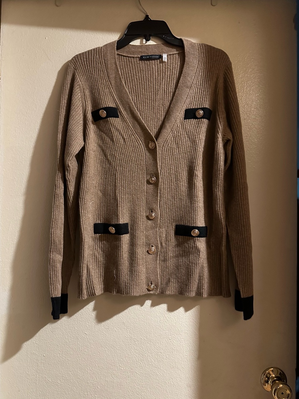Elie Tahari 100% Cashmere V-Neck Button Cardigan with Black Trim